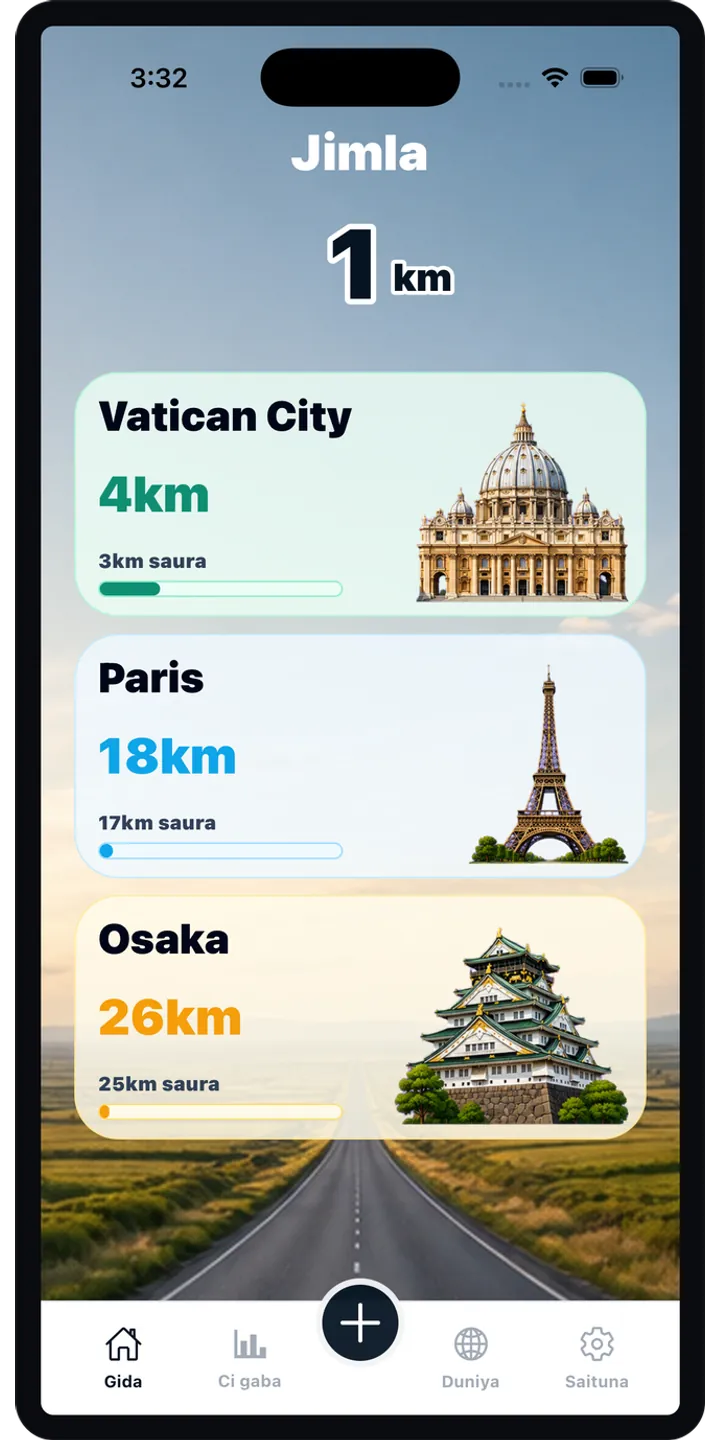 WorldStep home screen showing today’s record, current journey, and the world journey
