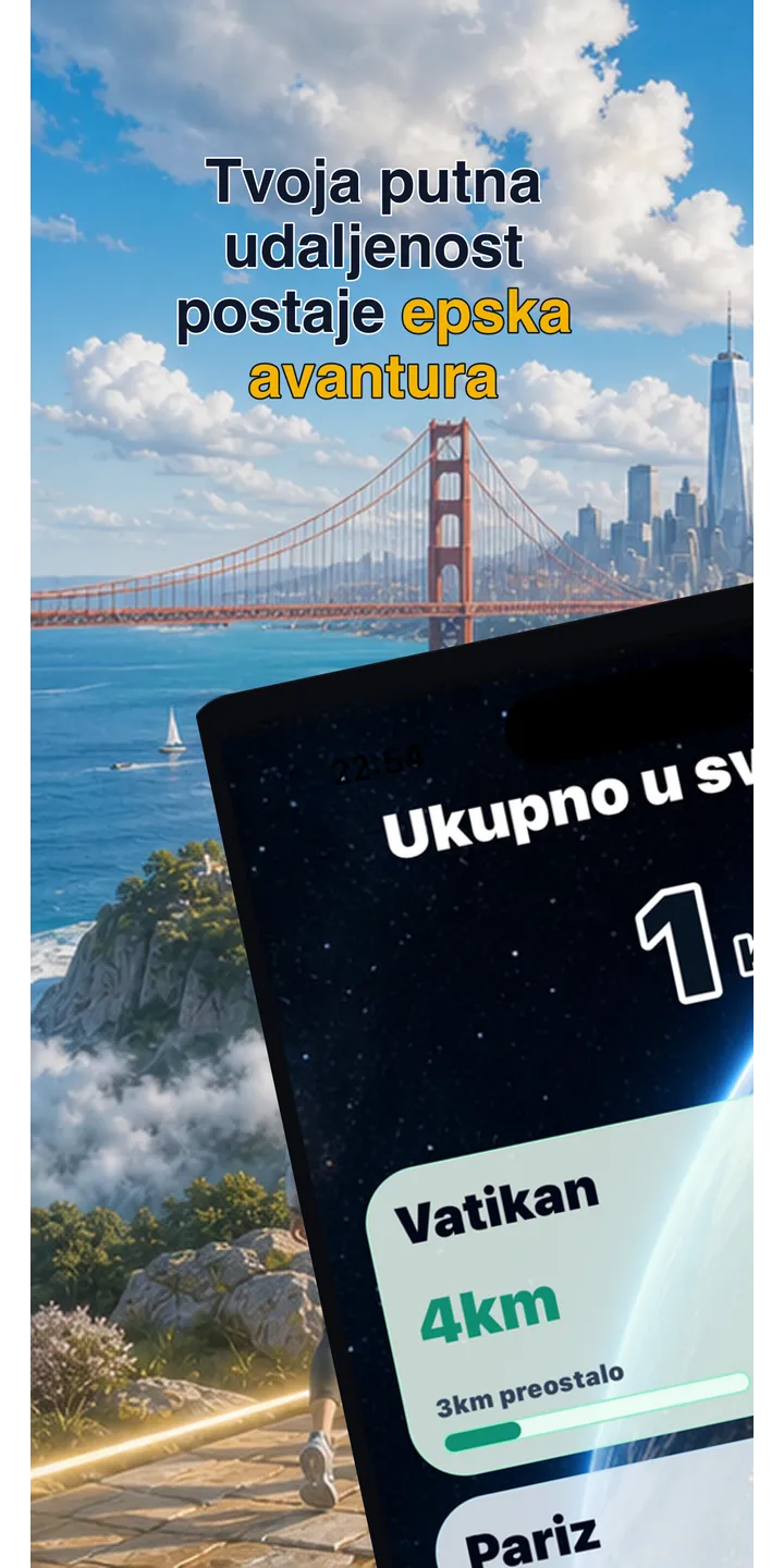 WorldStep home screen showing today’s record, current journey, and the world journey