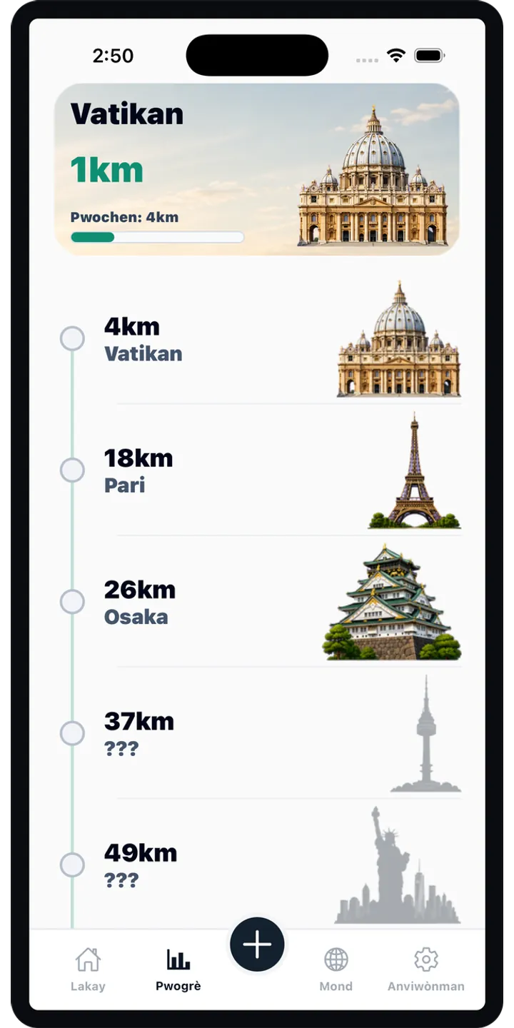 WorldStep journey screen showing your life distance mapped to world-scale destinations