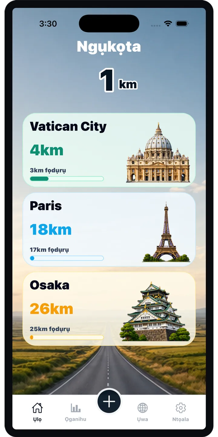 WorldStep home screen showing today’s record, current journey, and the world journey