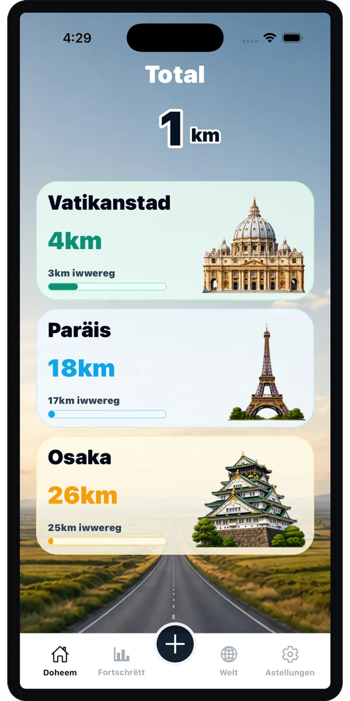 WorldStep home screen showing today’s record, current journey, and the world journey