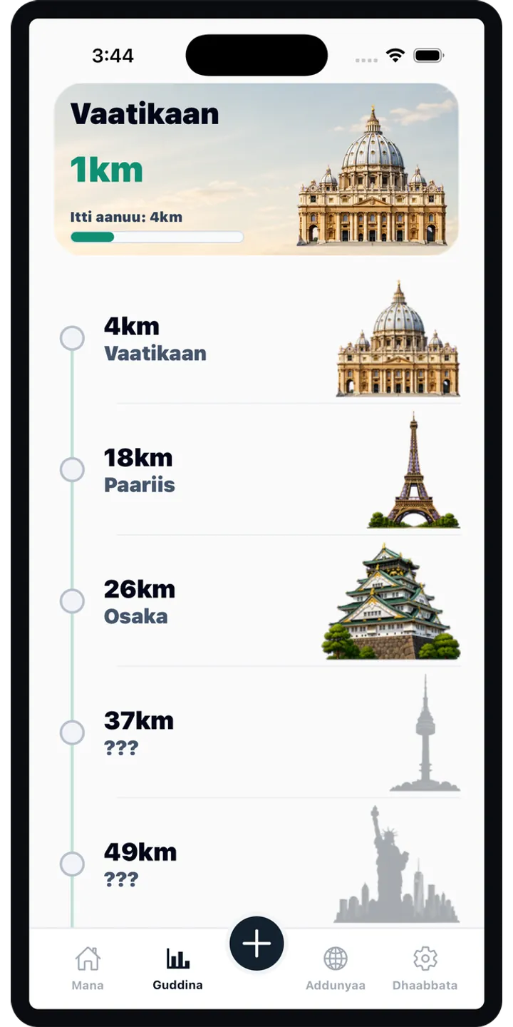 WorldStep journey screen showing your life distance mapped to world-scale destinations