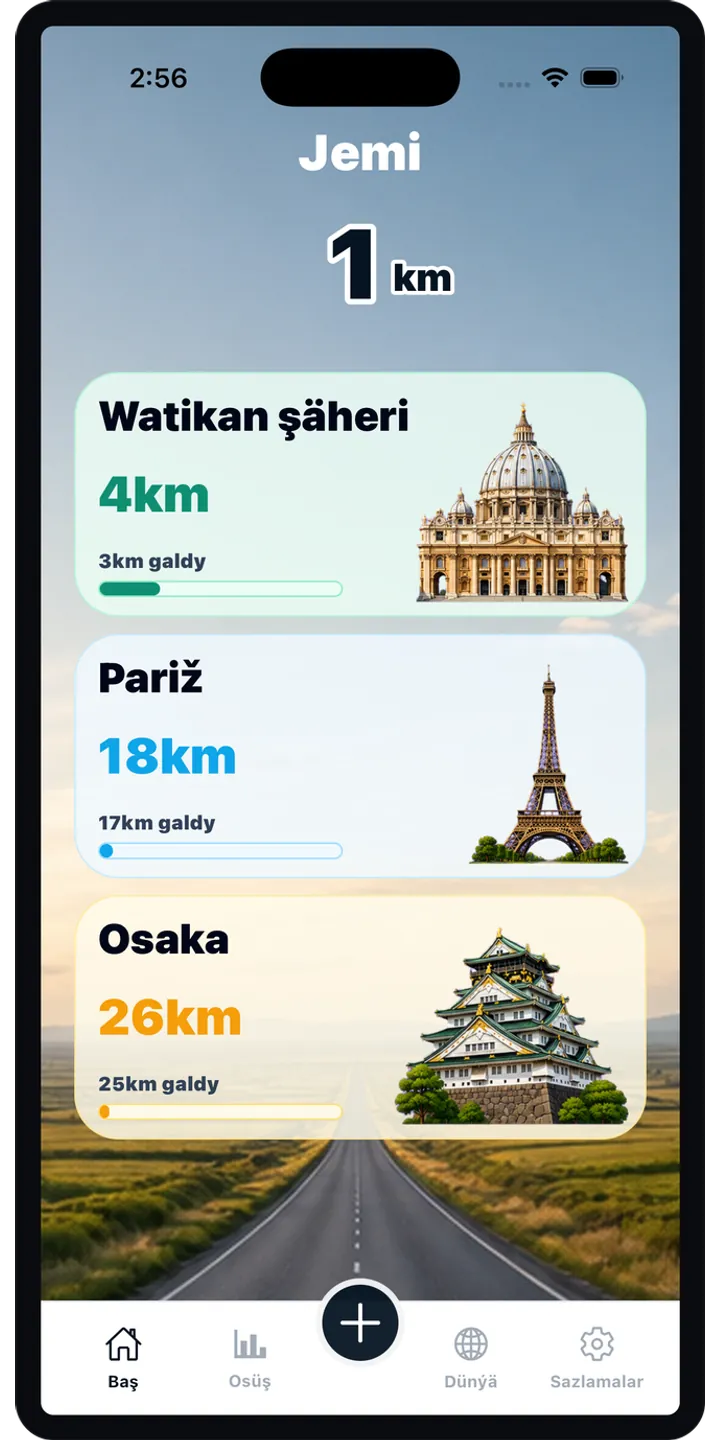 WorldStep home screen showing today’s record, current journey, and the world journey