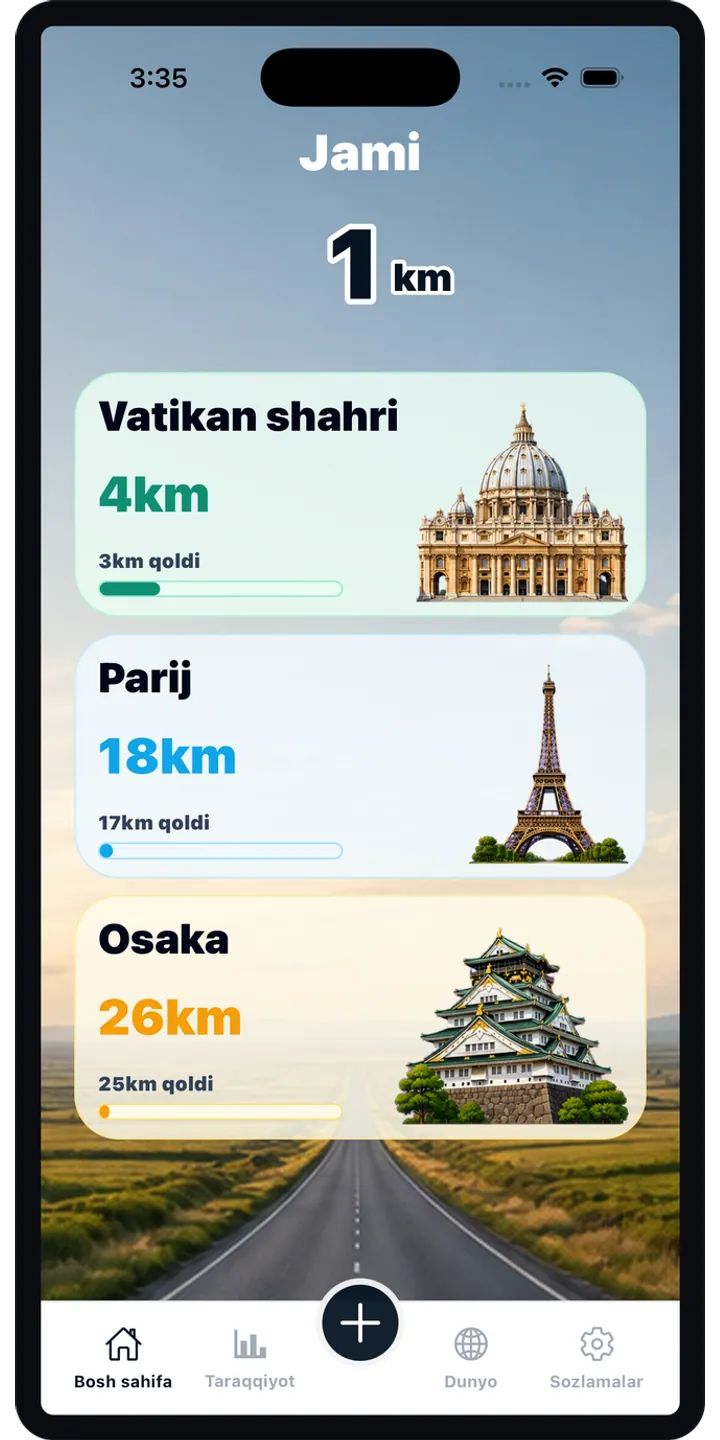 WorldStep home screen showing today’s record, current journey, and the world journey