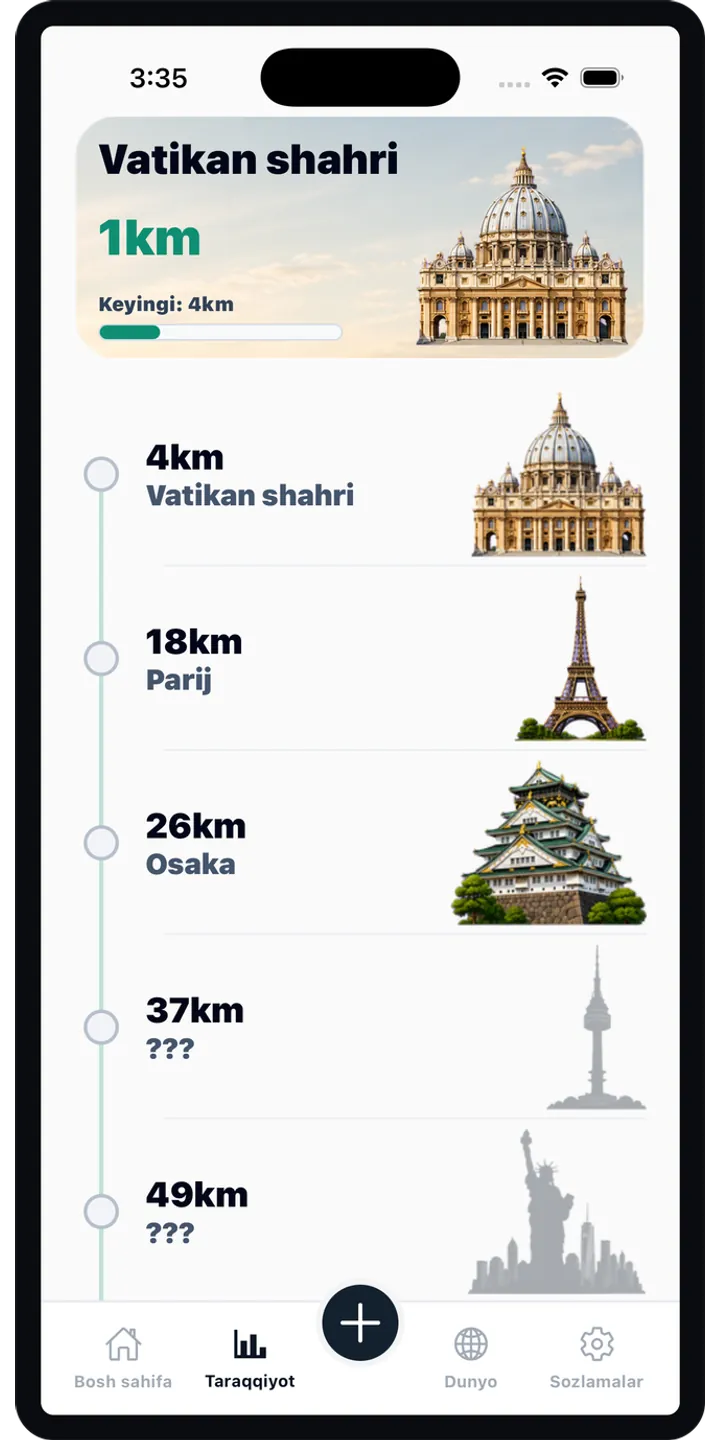 WorldStep journey screen showing your life distance mapped to world-scale destinations
