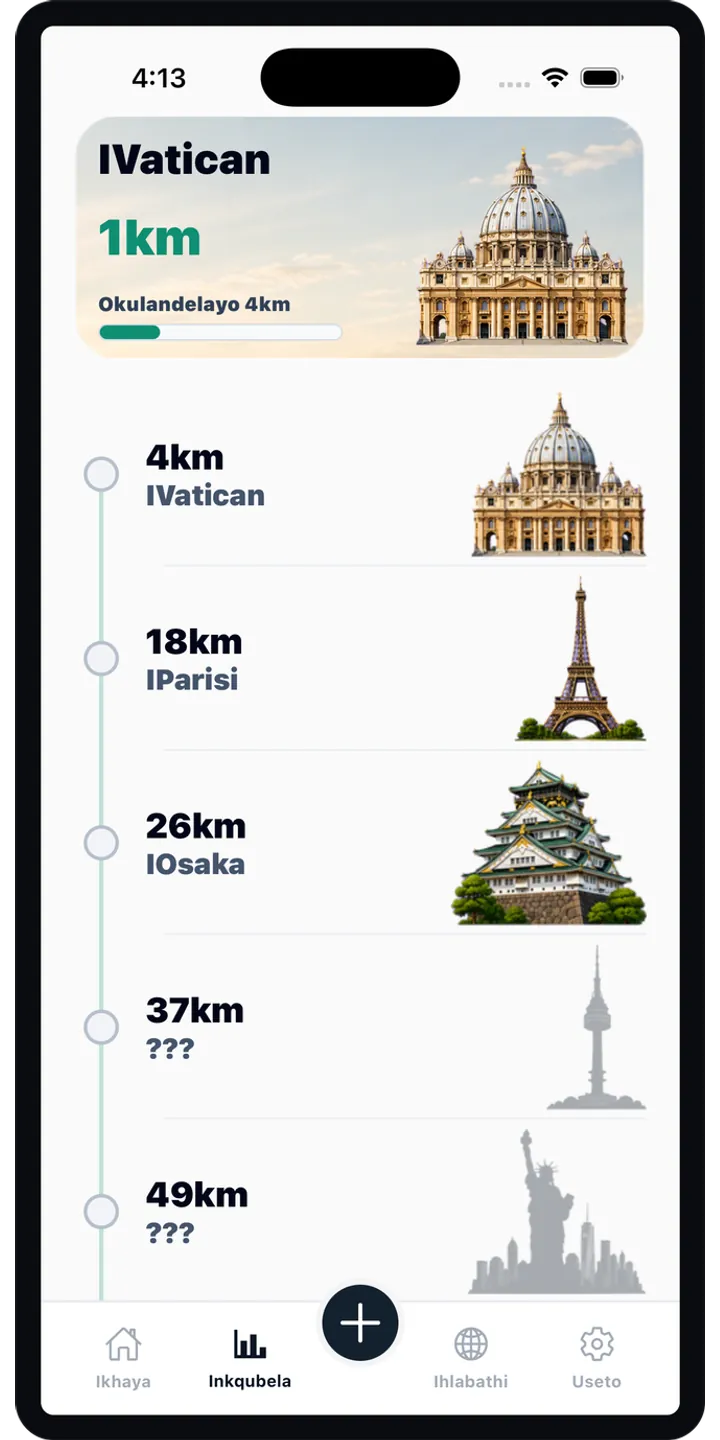 WorldStep journey screen showing your life distance mapped to world-scale destinations