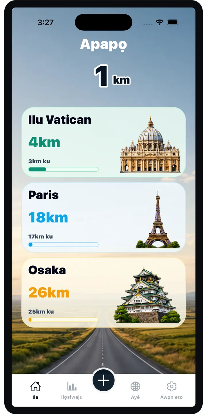 WorldStep home screen showing today’s record, current journey, and the world journey