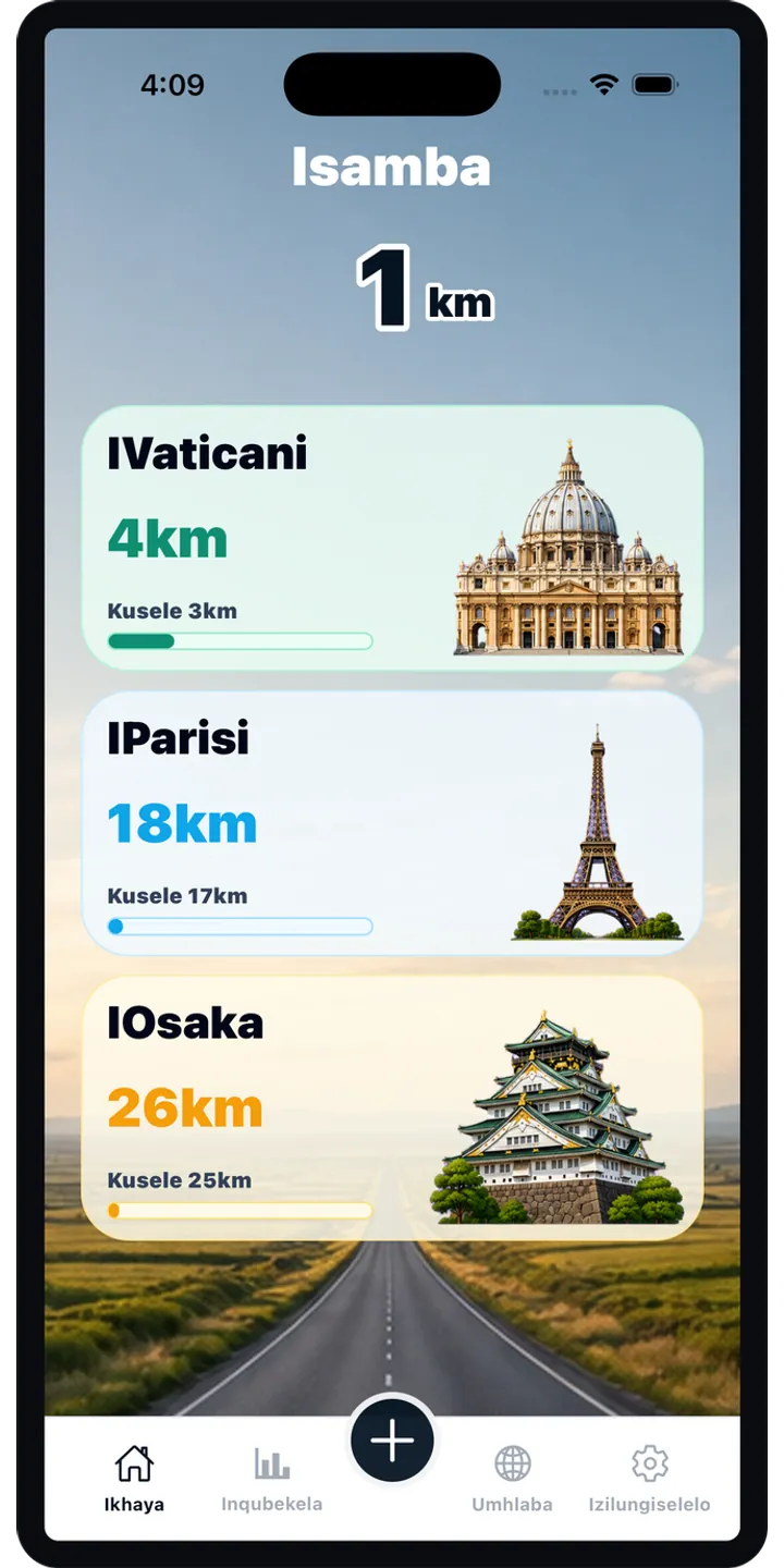 WorldStep home screen showing today’s record, current journey, and the world journey